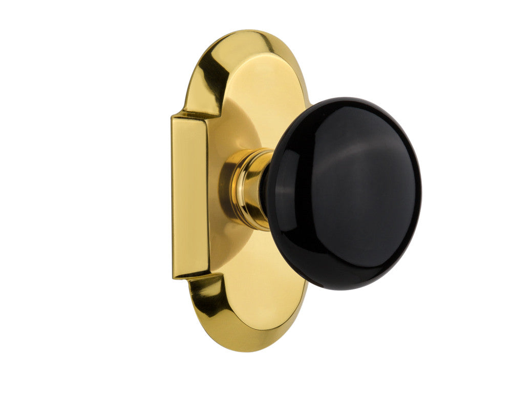 Nostalgic 712879: Cottage Backplate w/Black Porcelain Knob Passage Door Set - Polished Brass