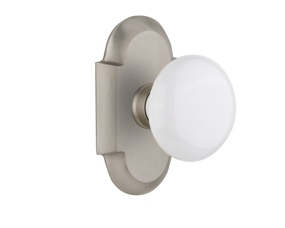 Nostalgic 712894: Cottage Backplate w/White Porcelain Knob Passage Door Set - Satin Nickel