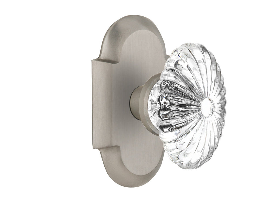 Nostalgic 712942: Cottage Backplate w/Oval Fluted Clear Glass Crystal Knob Privacy Door Set - Satin Nickel