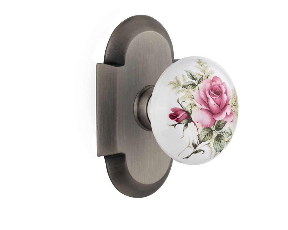 Nostalgic 712952: Cottage Backplate w/White Rose Porcelain Knob Privacy Door Set - Antique Pewter