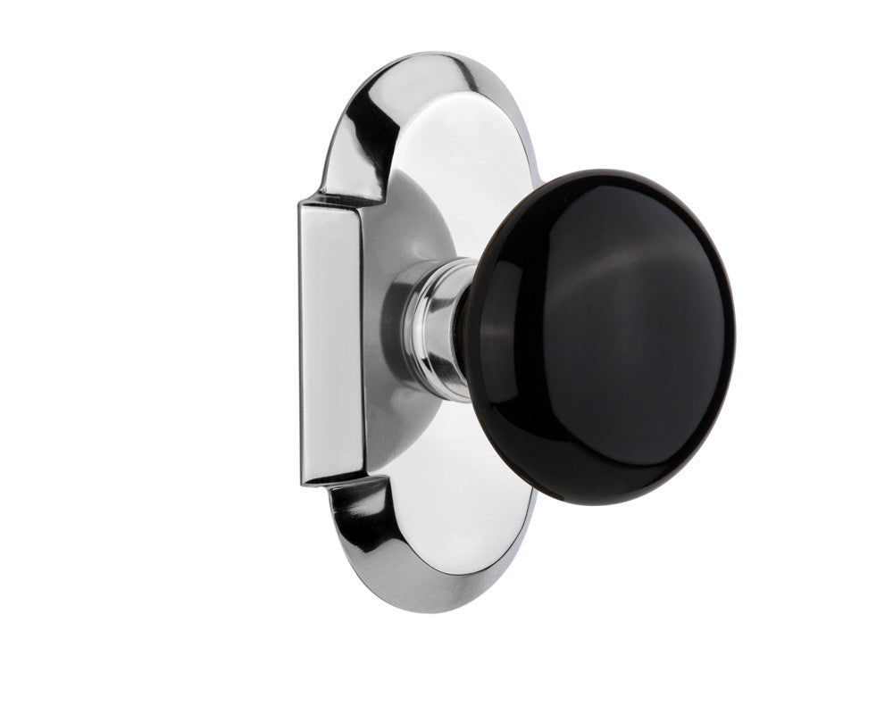 Nostalgic 712973: Cottage Backplate w/Black Porcelain Knob Privacy Door Set - Bright Chrome