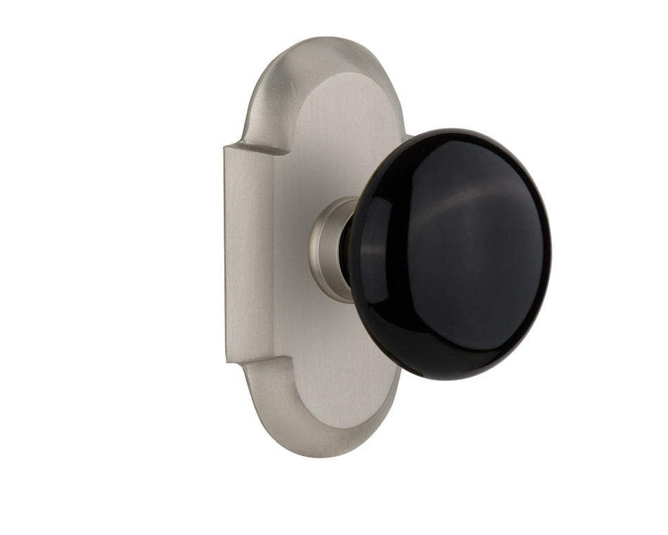 Nostalgic 712976: Cottage Backplate w/Black Porcelain Knob Privacy Door Set - Satin Nickel