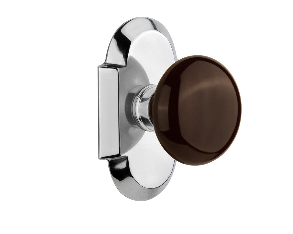 Nostalgic 712980: Cottage Backplate w/Brown Porcelain Knob Privacy Door Set - Bright Chrome