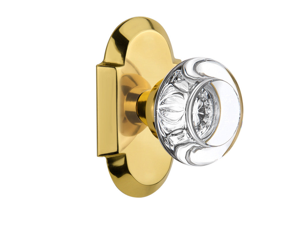 Nostalgic 713044: Cottage Backplate w/Round Clear Glass Crystal Knob Single Dummy Door Set - Polished Brass