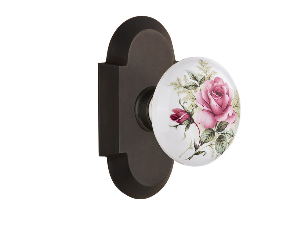 Nostalgic 713050: Cottage Backplate w/White Rose Porcelain Knob Single Dummy Door Set - Oil-Rubbed Bronze