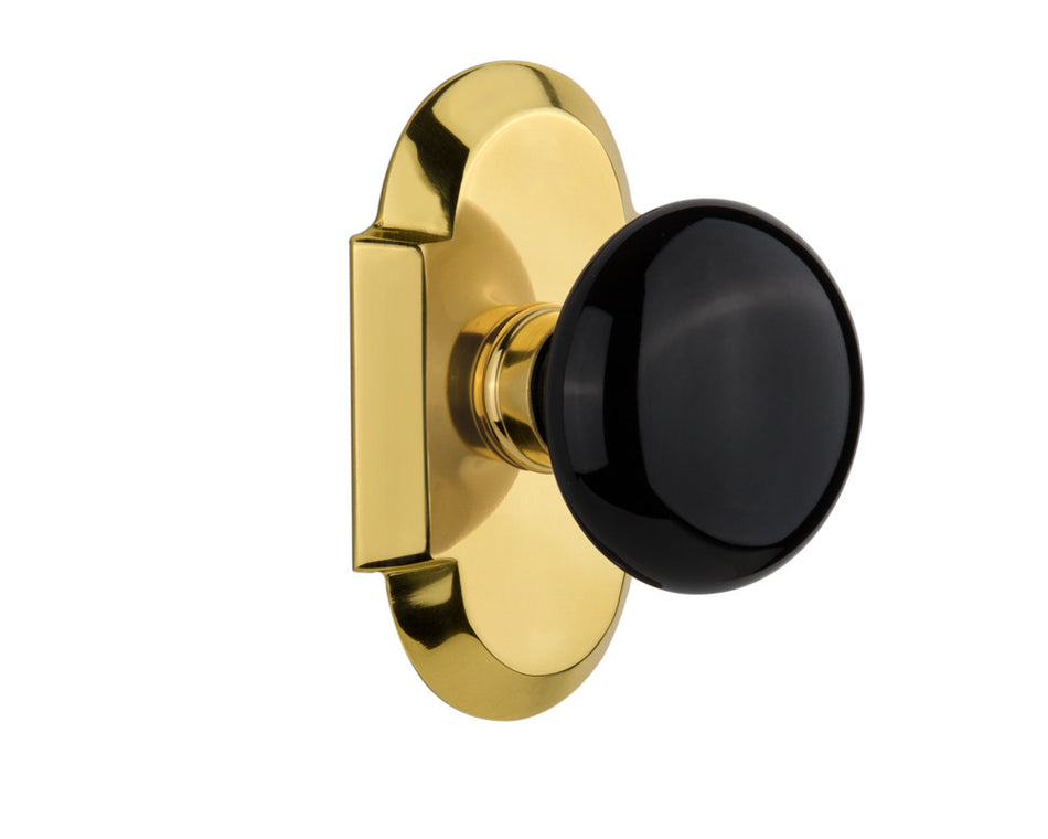 Nostalgic 713071: Cottage Backplate w/Black Porcelain Knob Single Dummy Door Set - Polished Brass