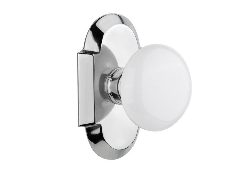 Nostalgic 713083: Cottage Backplate w/White Porcelain Knob Single Dummy Door Set - Bright Chrome