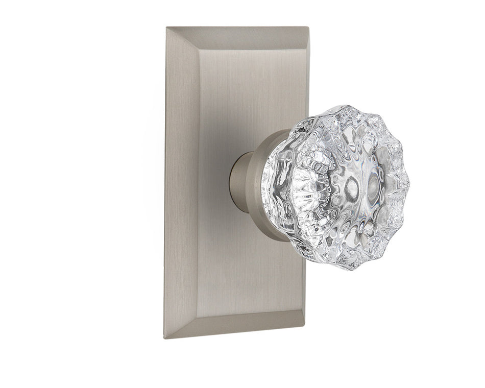 Nostalgic 713213: Studio Backplate w/Clear Crystal Glass Knob Passage Door Set - Satin Nickel