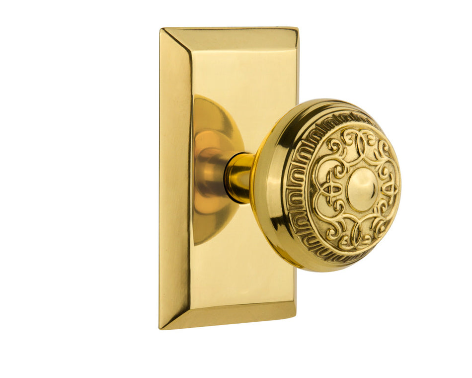 Nostalgic 713218: Studio Backplate w/Egg & Dart Knob Passage Door Set - Polished Brass
