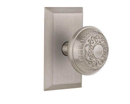 Nostalgic 713219: Studio Backplate w/Egg & Dart Knob Passage Door Set - Satin Nickel
