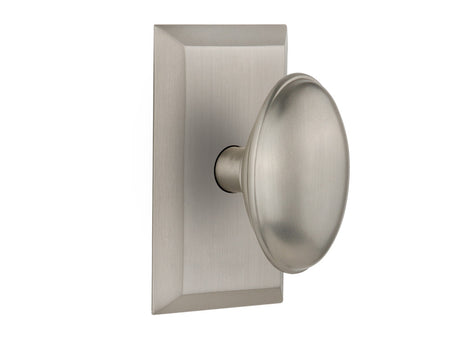 Nostalgic 713227: Studio Backplate w/Homestead Knob Passage Door Set - Satin Nickel