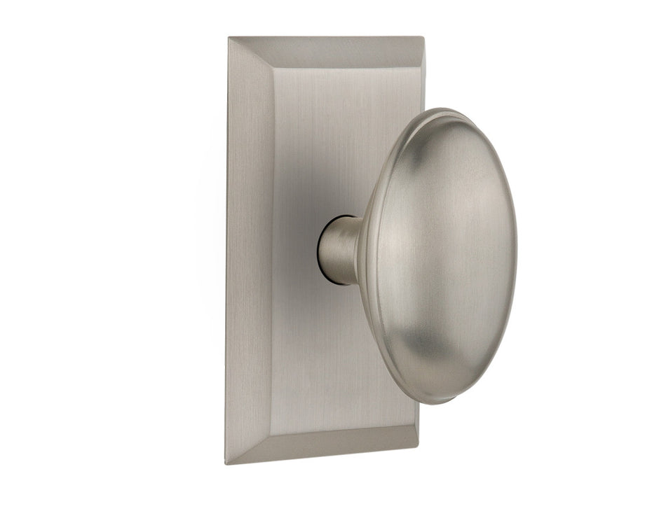 Nostalgic 713227: Studio Backplate w/Homestead Knob Passage Door Set - Satin Nickel