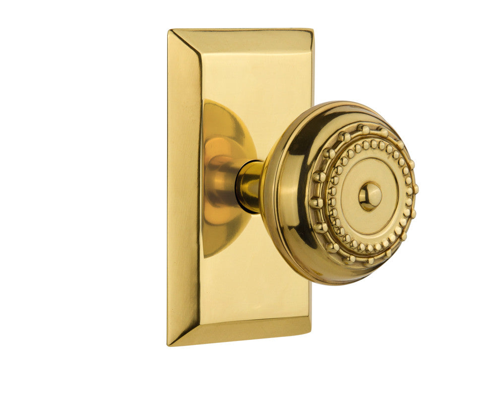 Nostalgic 713232: Studio Backplate w/Meadows Knob Passage Door Set - Polished Brass
