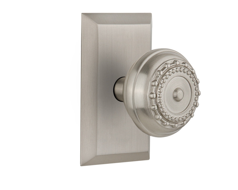 Nostalgic 713233: Studio Backplate w/Meadows Knob Passage Door Set - Satin Nickel