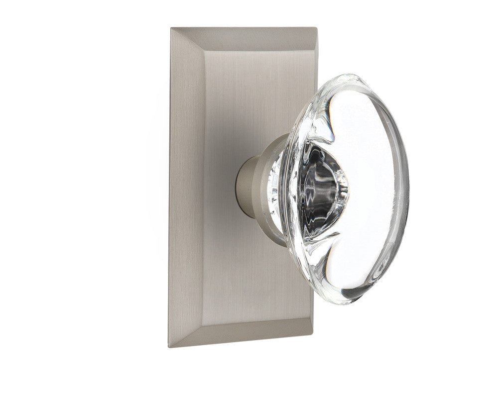 Nostalgic 713247: Studio Backplate w/Oval Clear Glass Crystal Knob Passage Door Set - Satin Nickel