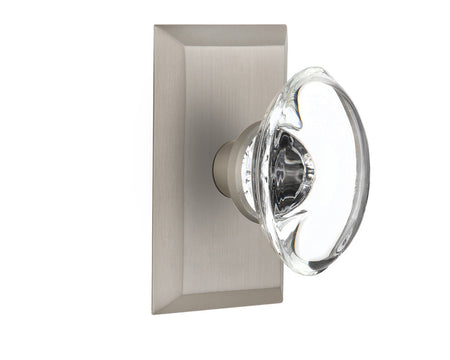 Nostalgic 713247: Studio Backplate w/Oval Clear Glass Crystal Knob Passage Door Set - Satin Nickel