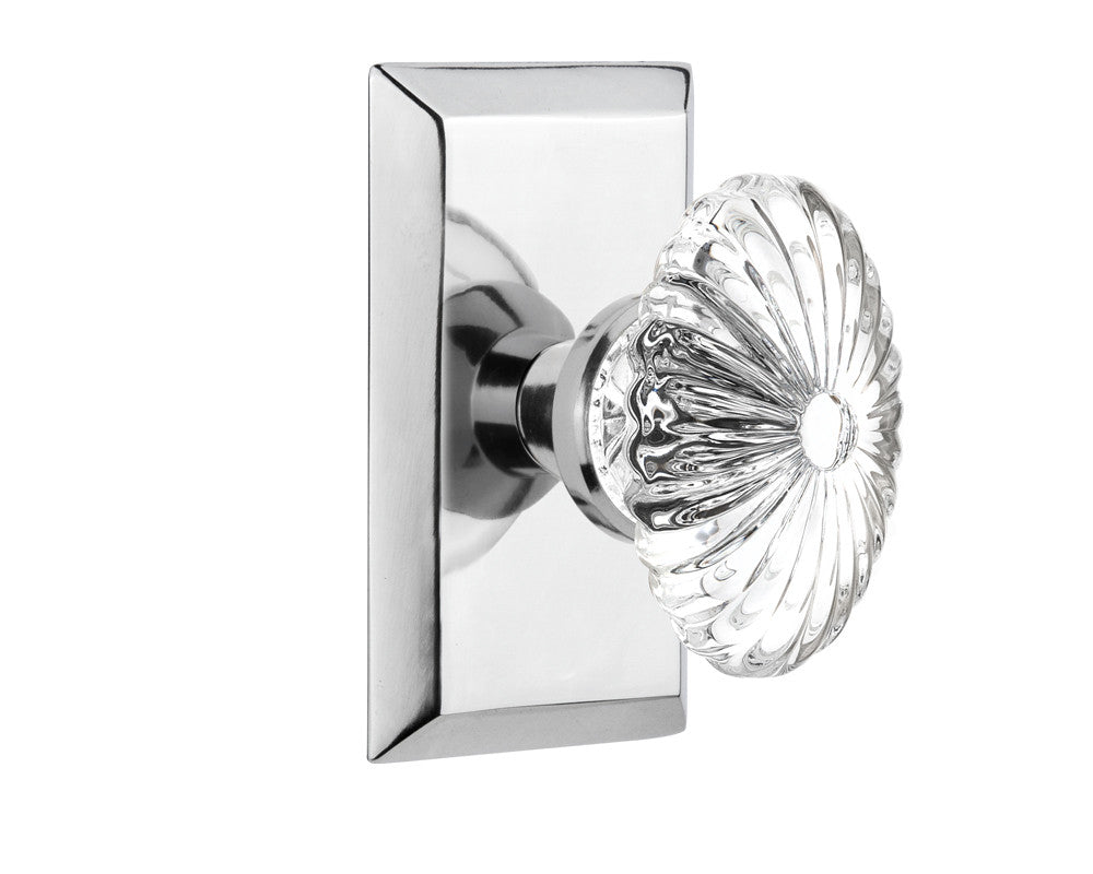 Nostalgic 713251: Studio Backplate w/Oval Fluted Clear Glass Crystal Knob Passage Door Set - Bright Chrome