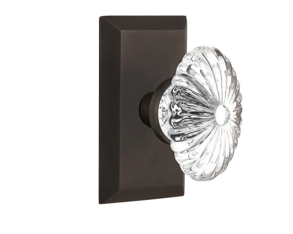 Nostalgic 713252: Studio Backplate w/Oval Fluted Clear Glass Crystal Knob Passage Door Set - Oil-Rubbed Bronze