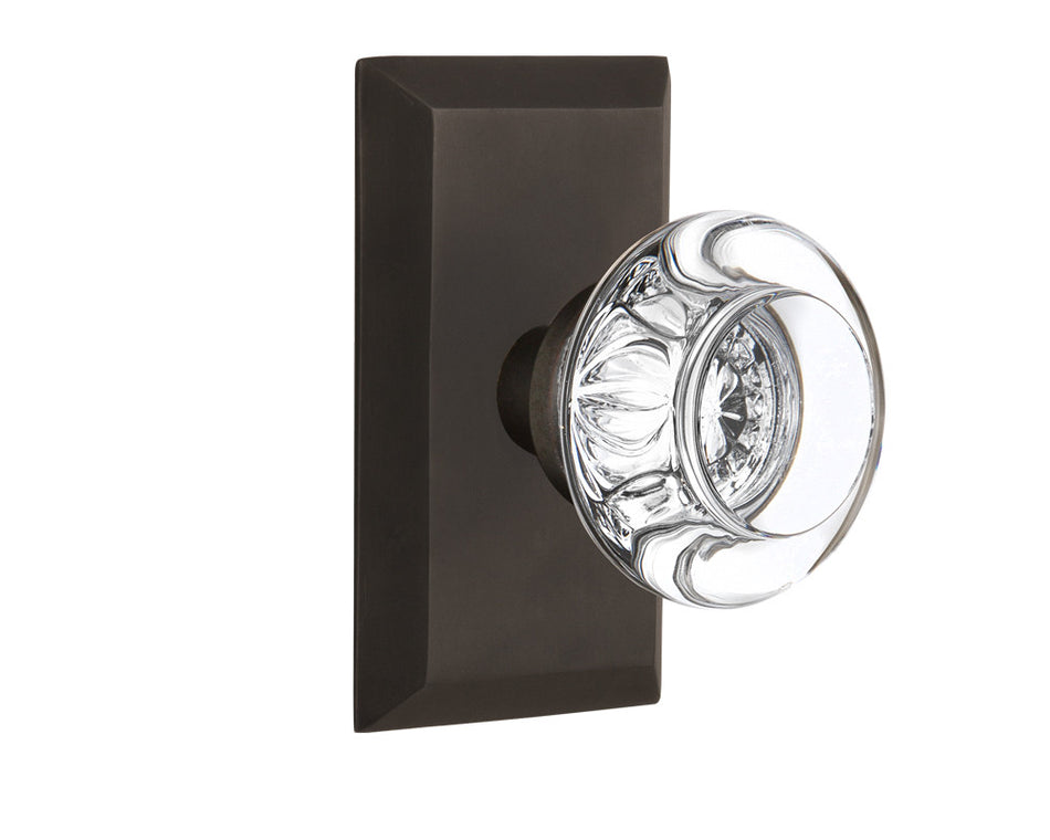 Nostalgic 713259: Studio Backplate w/Round Clear Glass Crystal Knob Passage Door Set - Oil-Rubbed Bronze