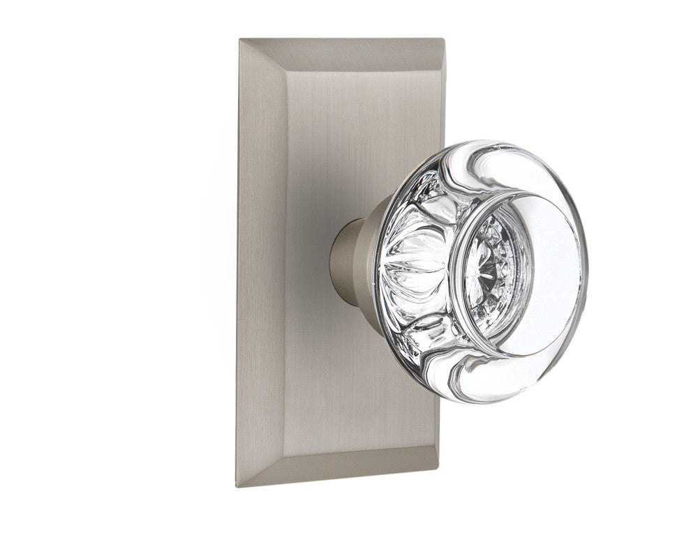 Nostalgic 713261: Studio Backplate w/Round Clear Glass Crystal Knob Passage Door Set - Satin Nickel