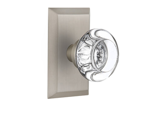 Nostalgic 713261: Studio Backplate w/Round Clear Glass Crystal Knob Passage Door Set - Satin Nickel