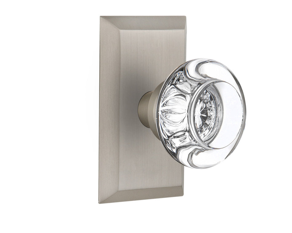 Nostalgic 713261: Studio Backplate w/Round Clear Glass Crystal Knob Passage Door Set - Satin Nickel