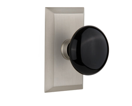 Nostalgic 713288: Studio Backplate w/Black Porcelain Knob Passage Door Set - Satin Nickel