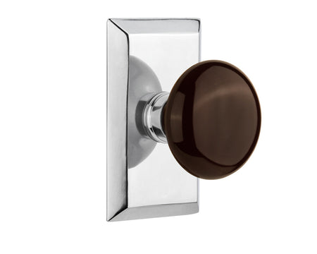 Nostalgic 713292: Studio Backplate w/Brown Porcelain Knob Passage Door Set - Bright Chrome