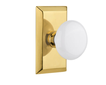 Nostalgic 713301: Studio Backplate w/White Porcelain Knob Passage Door Set - Polished Brass