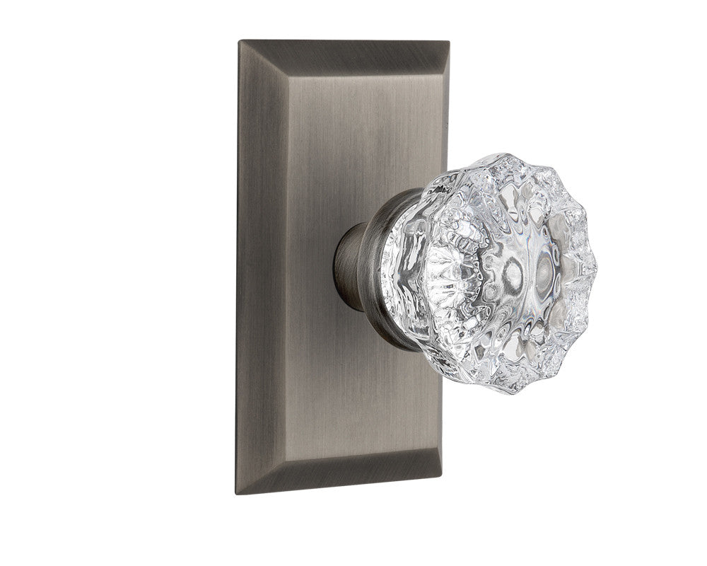 Nostalgic 713305: Studio Backplate w/Clear Crystal Glass Knob Privacy Door Set - Antique Pewter