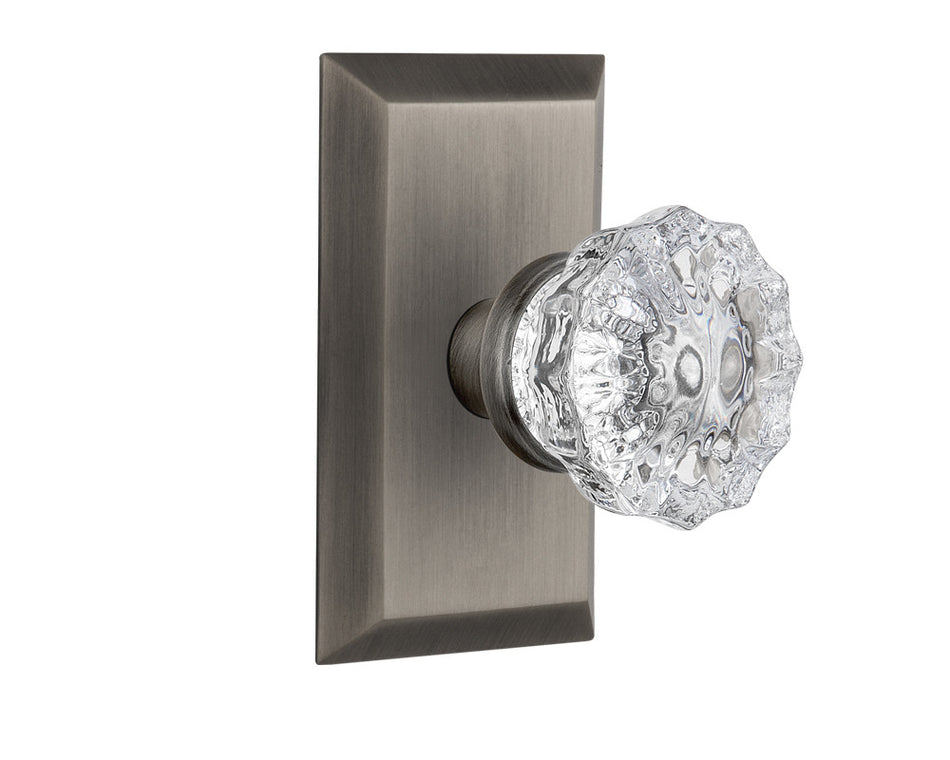 Nostalgic 713305: Studio Backplate w/Clear Crystal Glass Knob Privacy Door Set - Antique Pewter