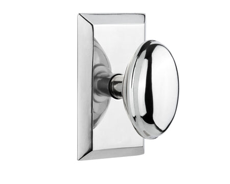 Nostalgic 713320: Studio Backplate w/Homestead Knob Privacy Door Set - Bright Chrome