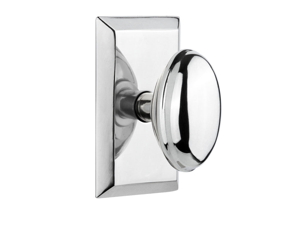 Nostalgic 713320: Studio Backplate w/Homestead Knob Privacy Door Set - Bright Chrome