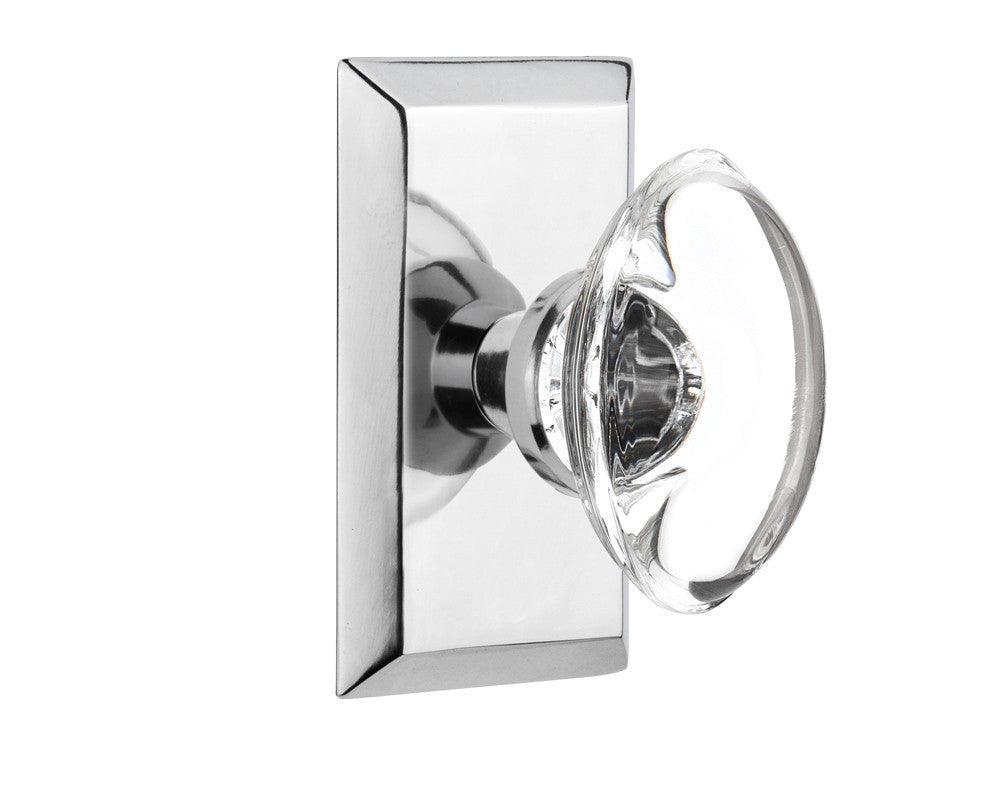 Nostalgic 713340: Studio Backplate w/Oval Clear Glass Crystal Knob Privacy Door Set - Bright Chrome