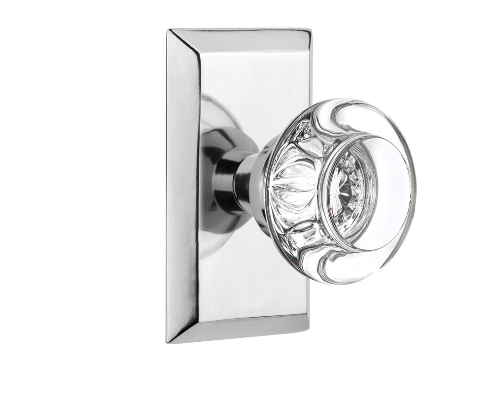 Nostalgic 713354: Studio Backplate w/Round Clear Glass Crystal Knob Privacy Door Set - Bright Chrome