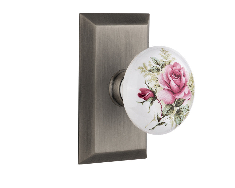 Nostalgic 713360: Studio Backplate w/White Rose Porcelain Knob Privacy Door Set - Antique Pewter