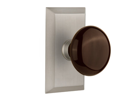 Nostalgic 713391: Studio Backplate w/Brown Porcelain Knob Privacy Door Set - Satin Nickel