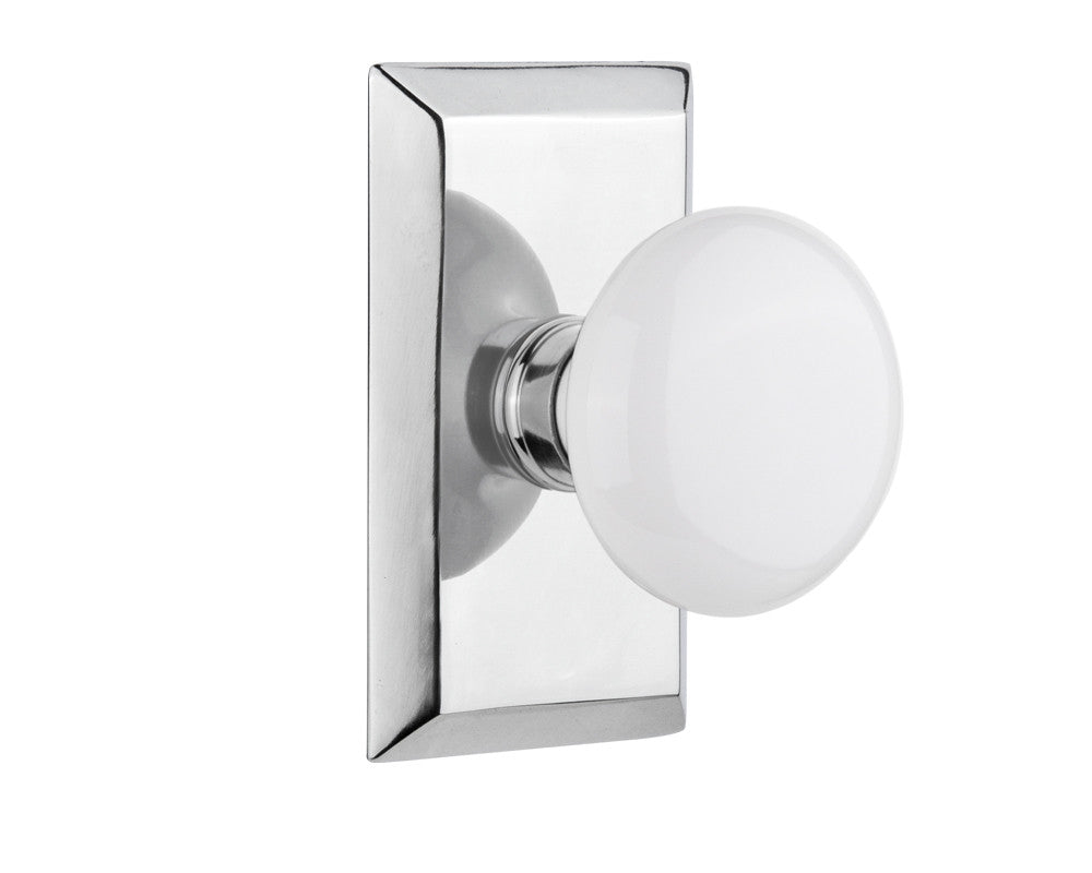 Nostalgic 713395: Studio Backplate w/White Porcelain Knob Privacy Door Set - Bright Chrome