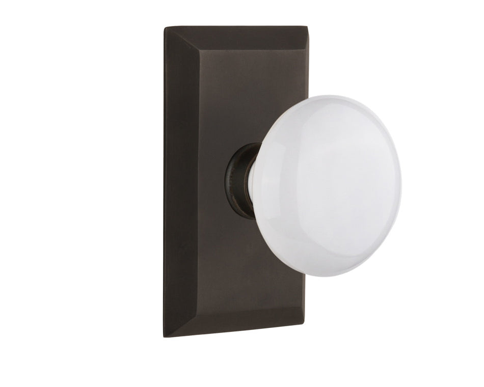 Nostalgic 713396: Studio Backplate w/White Porcelain Knob Privacy Door Set - Oil-Rubbed Bronze