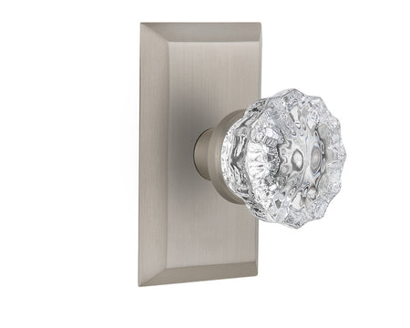 Nostalgic 713405: Studio Backplate w/Clear Crystal Glass Knob Single Dummy Door Set - Satin Nickel