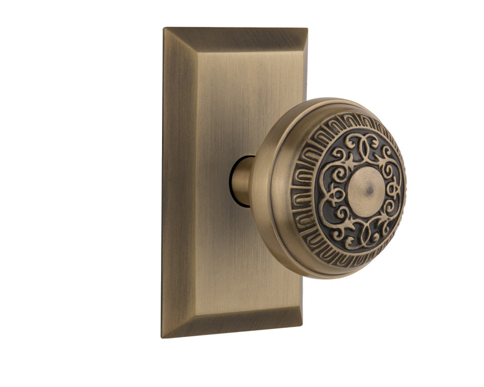 Nostalgic 713407: Studio Backplate w/Egg & Dart Knob Single Dummy Door Set - Antique Brass