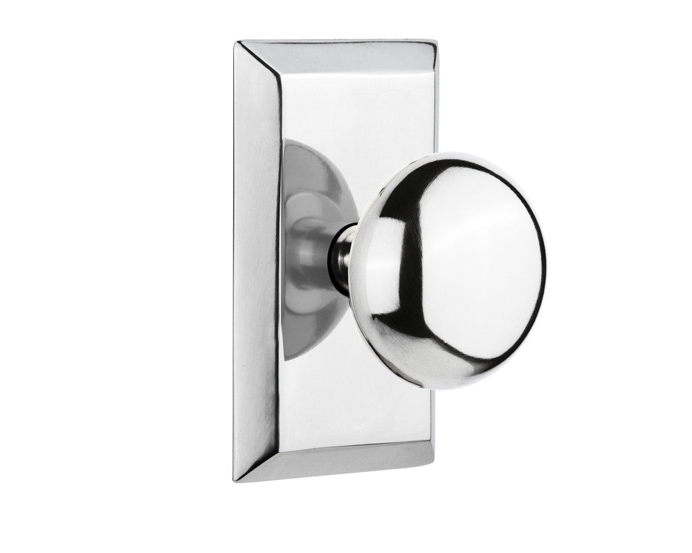 Nostalgic 713429: Studio Backplate w/New York Knob Single Dummy Door Set - Bright Chrome