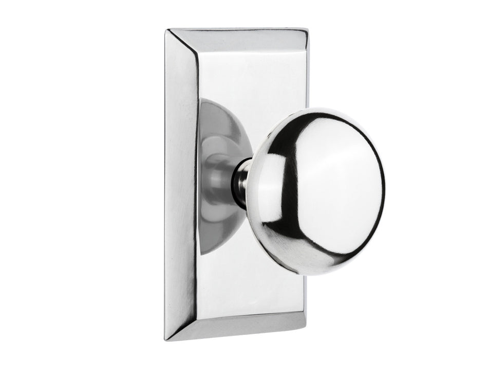 Nostalgic 713429: Studio Backplate w/New York Knob Single Dummy Door Set - Bright Chrome