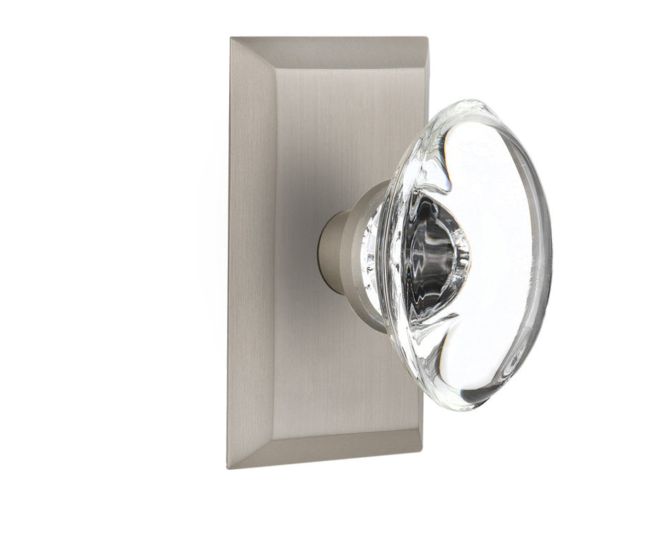 Nostalgic 713439: Studio Backplate w/Oval Clear Glass Crystal Knob Single Dummy Door Set - Satin Nickel