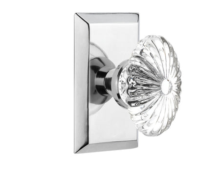 Nostalgic 713443: Studio Backplate w/Oval Fluted Clear Glass Crystal Knob Single Dummy Door Set - Bright Chrome