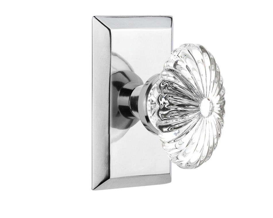 Nostalgic 713443: Studio Backplate w/Oval Fluted Clear Glass Crystal Knob Single Dummy Door Set - Bright Chrome