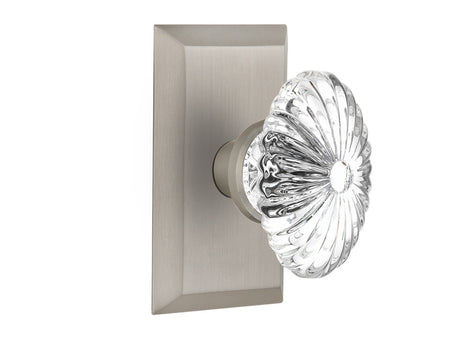 Nostalgic 713446: Studio Backplate w/Oval Fluted Clear Glass Crystal Knob Single Dummy Door Set - Satin Nickel