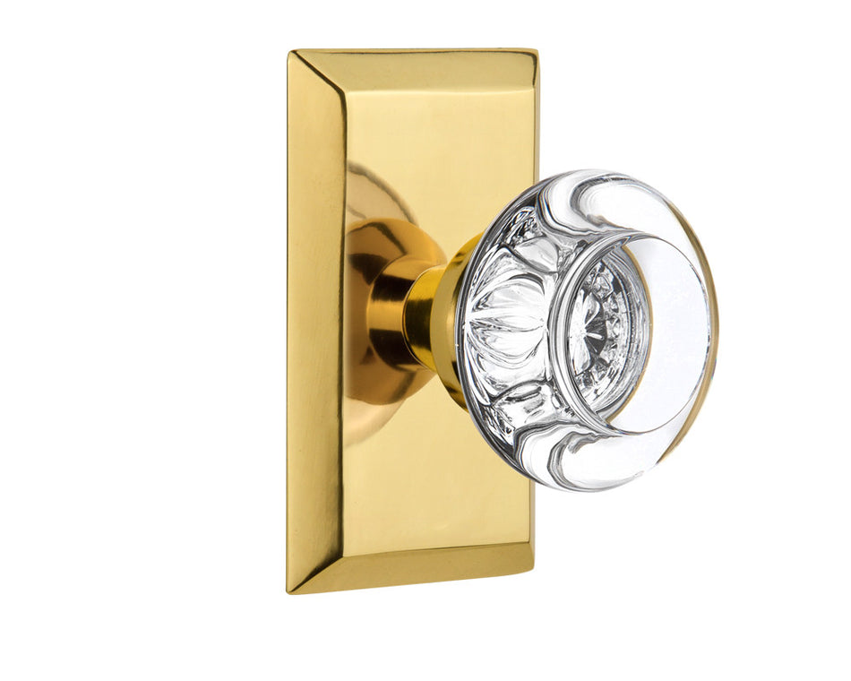 Nostalgic 713452: Studio Backplate w/Round Clear Glass Crystal Knob Single Dummy Door Set - Polished Brass