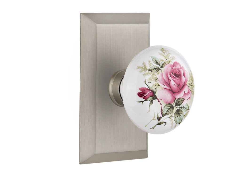 Nostalgic 713460: Studio Backplate w/White Rose Porcelain Knob Single Dummy Door Set - Satin Nickel