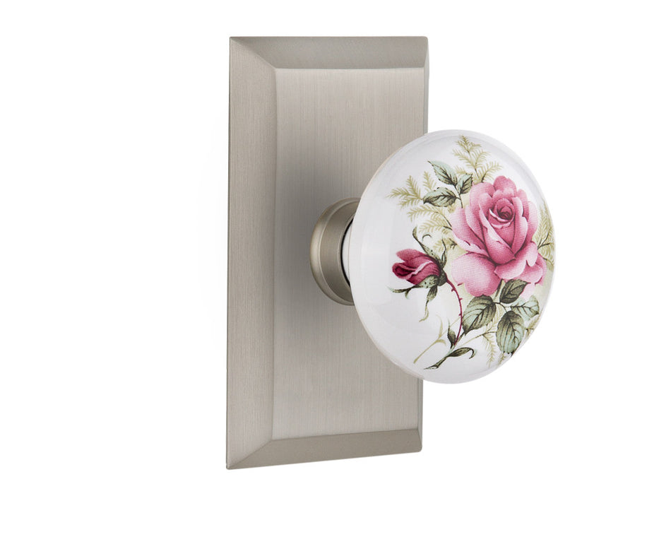 Nostalgic 713460: Studio Backplate w/White Rose Porcelain Knob Single Dummy Door Set - Satin Nickel
